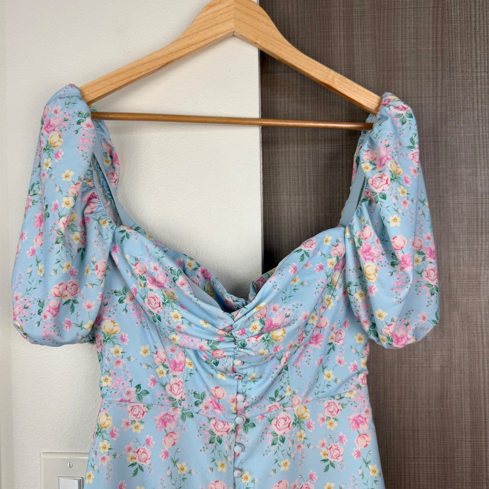 House of CB Blue Floral Aria Mini Sundress Puff Sleeve Size Medium - Picture 6 of 14